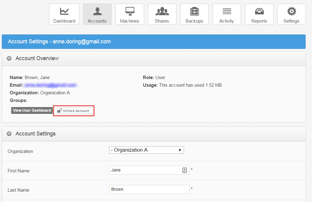 Anchor Unlocking a User Account Axcient